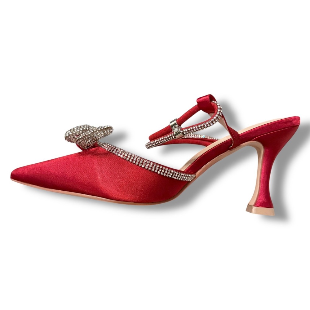Susanny Red Stiletto Heel Sandals Women's Sz 7.5 Pointed Toe Bow Rhinestone - Picture 10 of 16